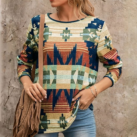 

OKBOP Bustier Tops for Women Spring And Autumn Round Neck Ethnic Print Long Sleeve Womens Blouses for Work Professional Black Long Sleeve Shirt