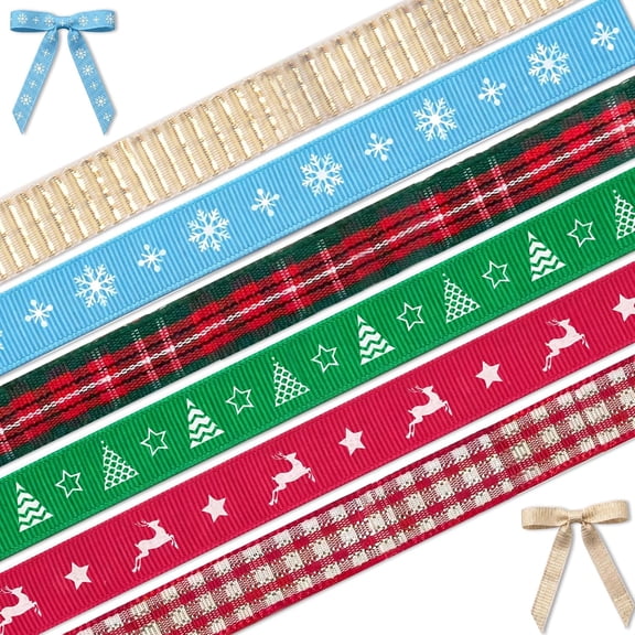 6 Rolls Christmas Ribbon 3/8" Xmas Plaid Grosgrain Ribbons Christmas Vintage for Gift 5Yds