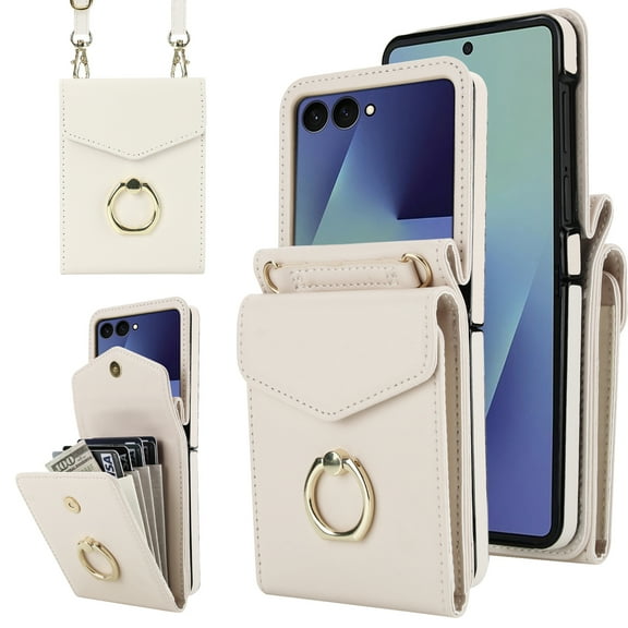 Compatible with Samsung Galaxy Z Flip 7 5G Wallet Case, with Card Holder, Ring Holder RFID Blocking PU Leather Wristband & Crossbody Strap Protective Case for Samsung Galaxy Z Flip 7, White