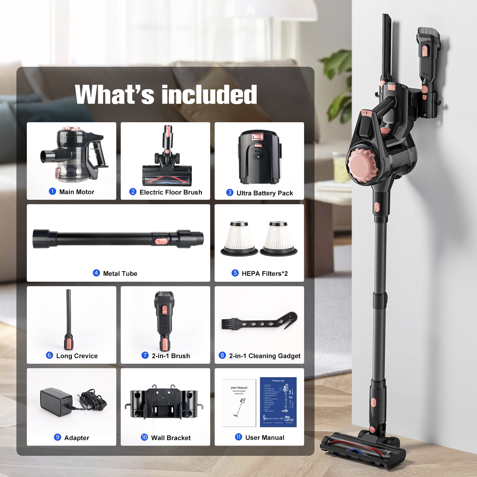 HOOFUN Cordless Vacuum Cleaner, 50mins Runtime, Powerful Stick Vacuum 6*2600mah Rechargeable Cordless Vacuum for Carpet, Tile, Pet Hair, Hardwood Floors, rose gold