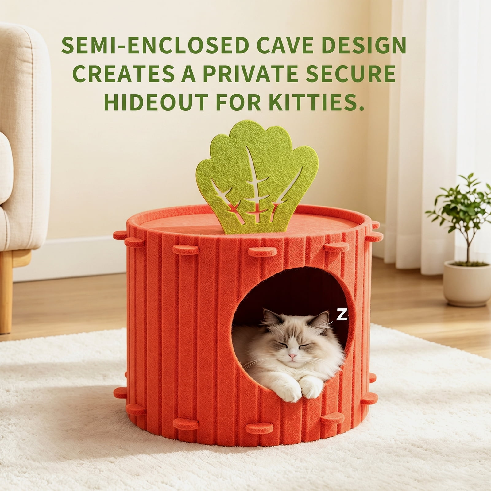 Carrot Theme Felt Rabbit Hideout Bed, Soft Small Animal Hideaway Hut, Cozy Bunny Hiding House for Guinea Pig Ferret Chinchilla Hedgehog, 15.75"L x 15.75"W x 11.81"H
