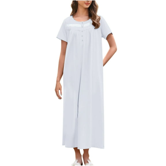 Jalioing Womens Long Nightgown Loose Crew Neck Button Up Sleep Dress Short Sleeve Comfy Casual Sleepwear