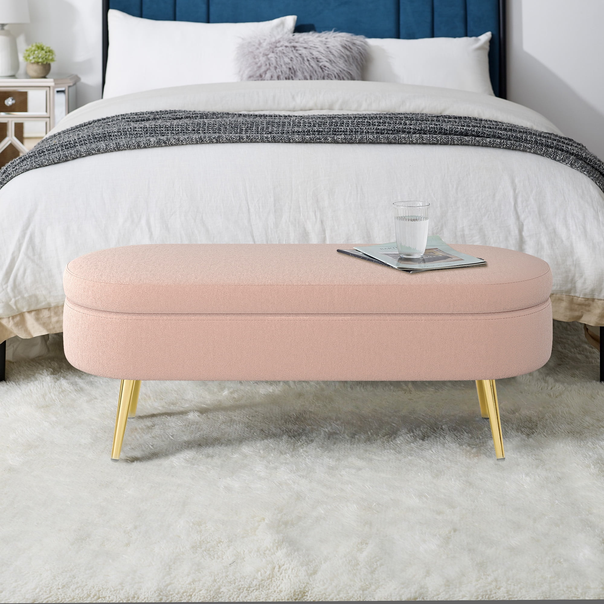 Ottoman Oval Storage Bench, Flannel with Metal Legs-Pink(43.5"x16"x16")