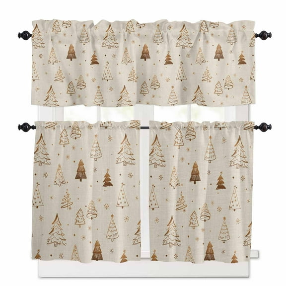 Vintage Christmas Tree Kitchen Curtains and Valances Set, Winter Snowflake Gold Line Trees Rod Pocket Window Valance 18 Inch Window Curtain Panels for Living Room Bedroom Laundry, 27.5x36in, 3 Pieces
