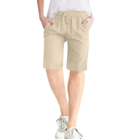 ZSQDM Womens Casual Pants Women's Cotton Casual Loose Plus Size Elastic Waist Shorts Side Pocket Quarter Pants Pants