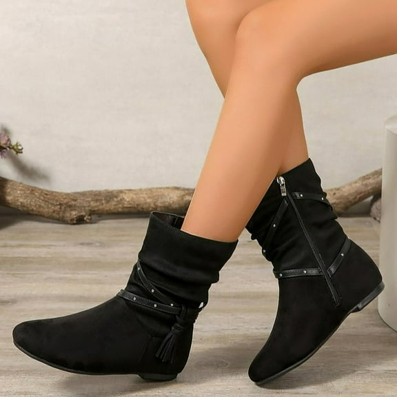 Women's Casual Ankle Boots Flat Mid Calf Low Heel Suede Round Short Boots Winter Sonw Boot (Black 39)