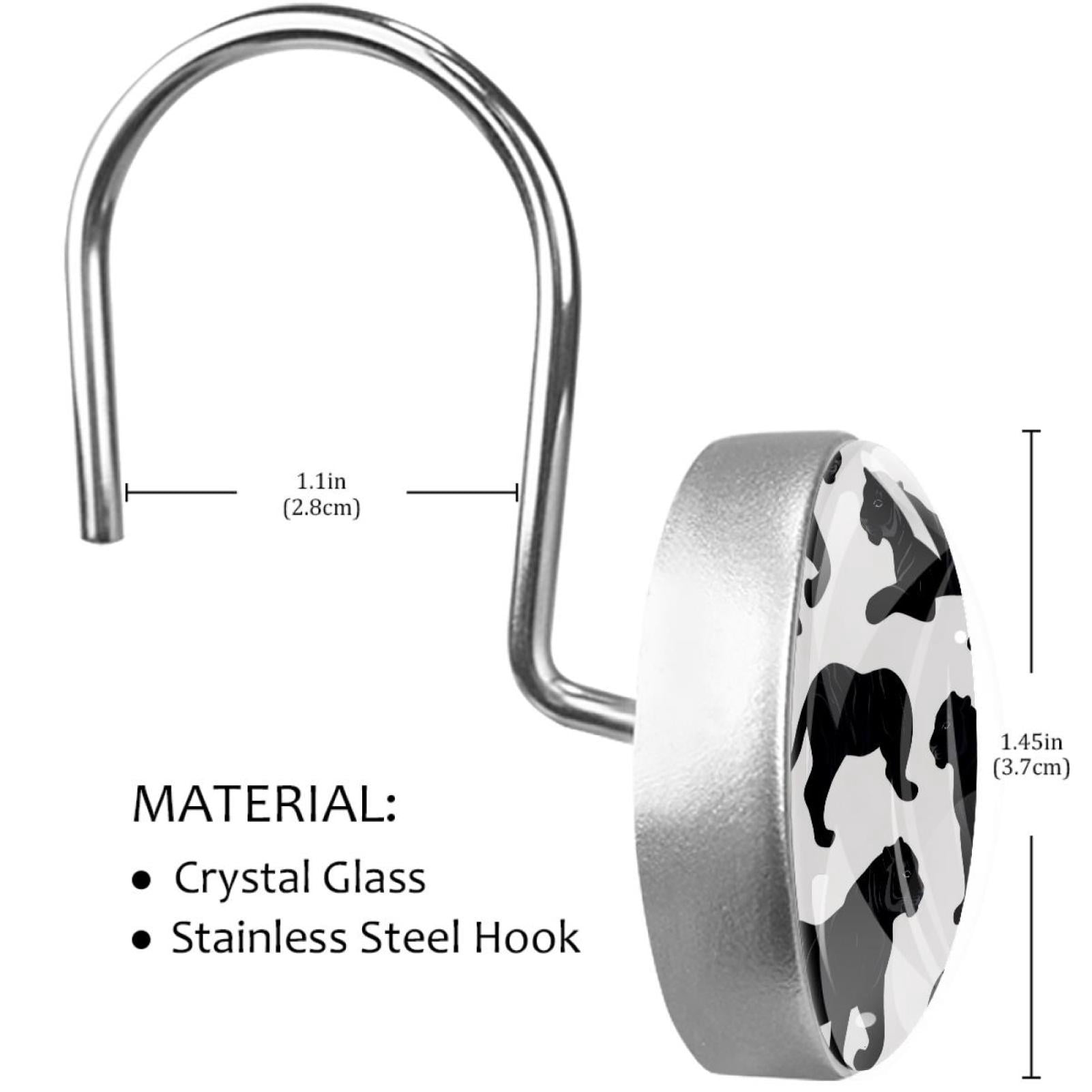 Tigers Silhouette Shower Curtain Hooks Round Crystal Glass, Set of 12 Shower Curtain Rings - Shower Hooks for Curtain Shower Rings