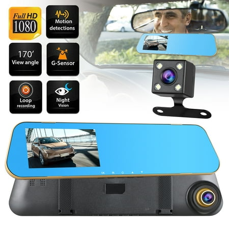 TSV Backup Camera 4.3” Screen Mirror Dash Cam 1080P Rearview Front and Rear Dual Lens Dashboard Recorder with Waterproof Reversing