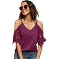 thumbnail image 3 of ZHENWEI Womens Summer V Neck Cold Shoulder Tops T Shirts Cut Out Lace Short Sleeve Solid Color Blouses Shirt, 3 of 8