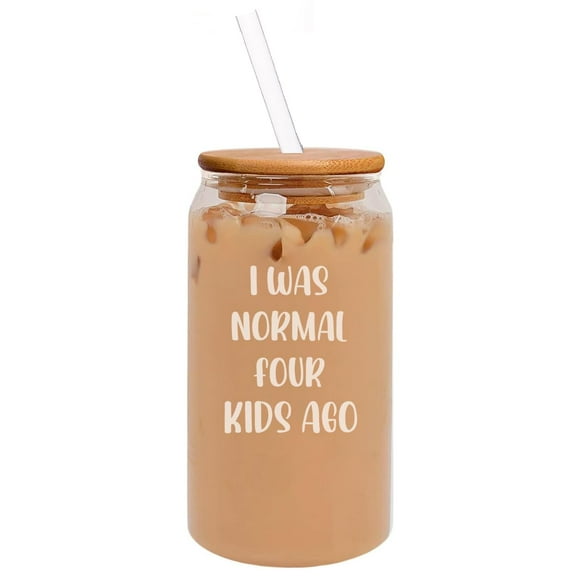 16oz Can Shaped Glass Iced Coffee Cup with Bamboo Lid and Straw Gift I Was Normal Four Kids Ago Funny For Mom Mother of 4 Mom Friend