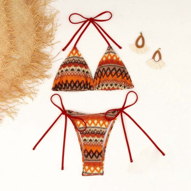JAKANYQ Women'S Knitted Lace Up Bikini Open Back Pure Split