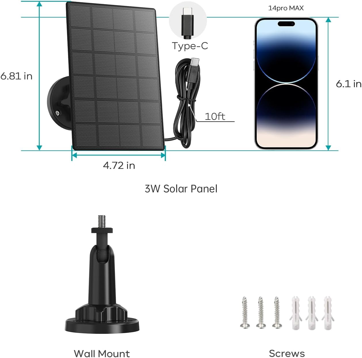 ZUMIMALL 3W Solar Panel for Security Cameras, IP66 Waterproof Solar Panel with 10ft Type C Cable,Black (Type C Port)