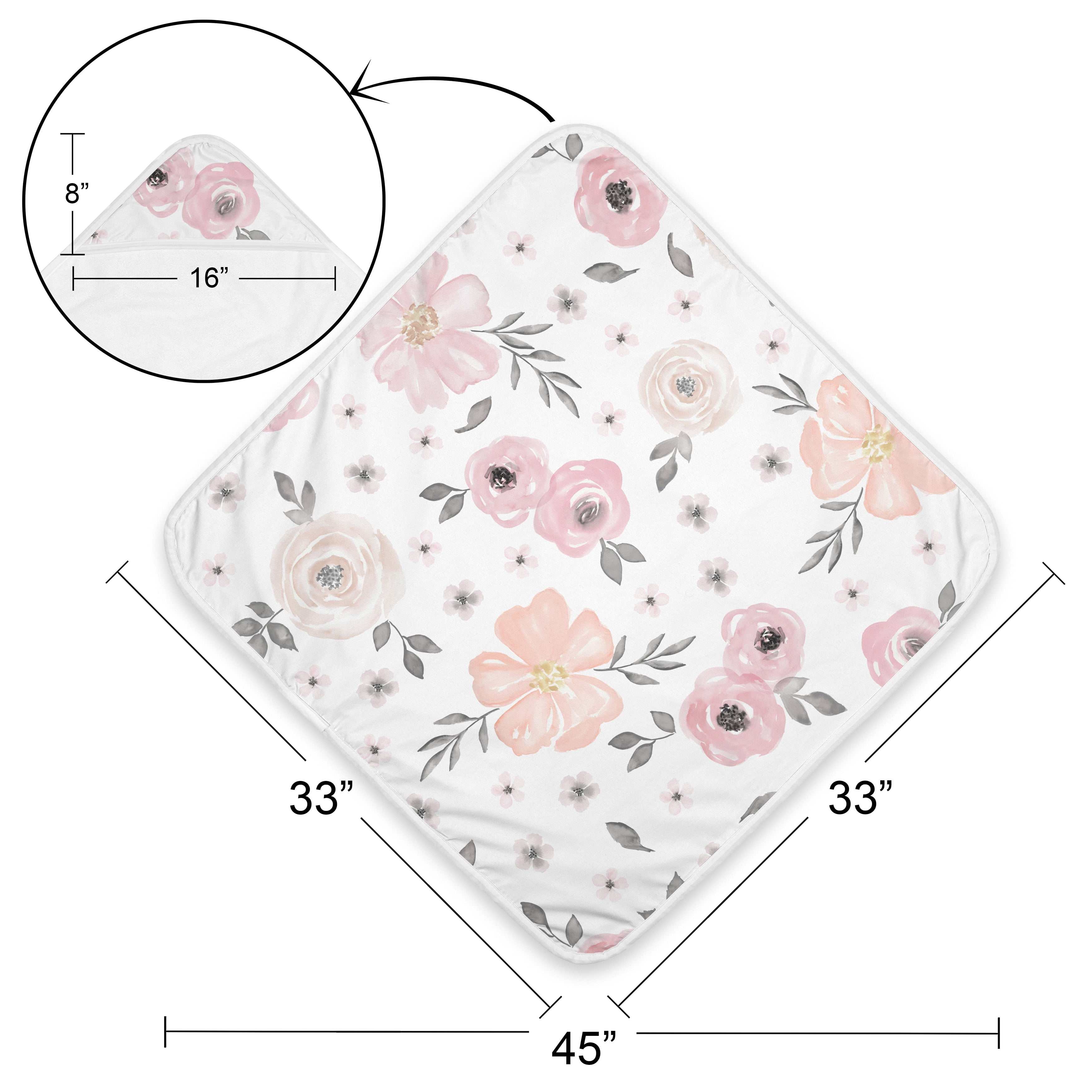 Sweet Jojo Designs Watercolor Floral Pink and Grey Girl Hooded Baby Towels - Toddler Bath Towel