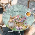 thumbnail image 2 of Happy Easter Round Tablecloth, Fitted Table Cover with Elastic for 36"-44" Round Tables, Spring Easter Eggs Bunny Floral Teal Wood Table Cloth Outdoor Indoor Dinning Party Waterproof Tablecloths, 2 of 7