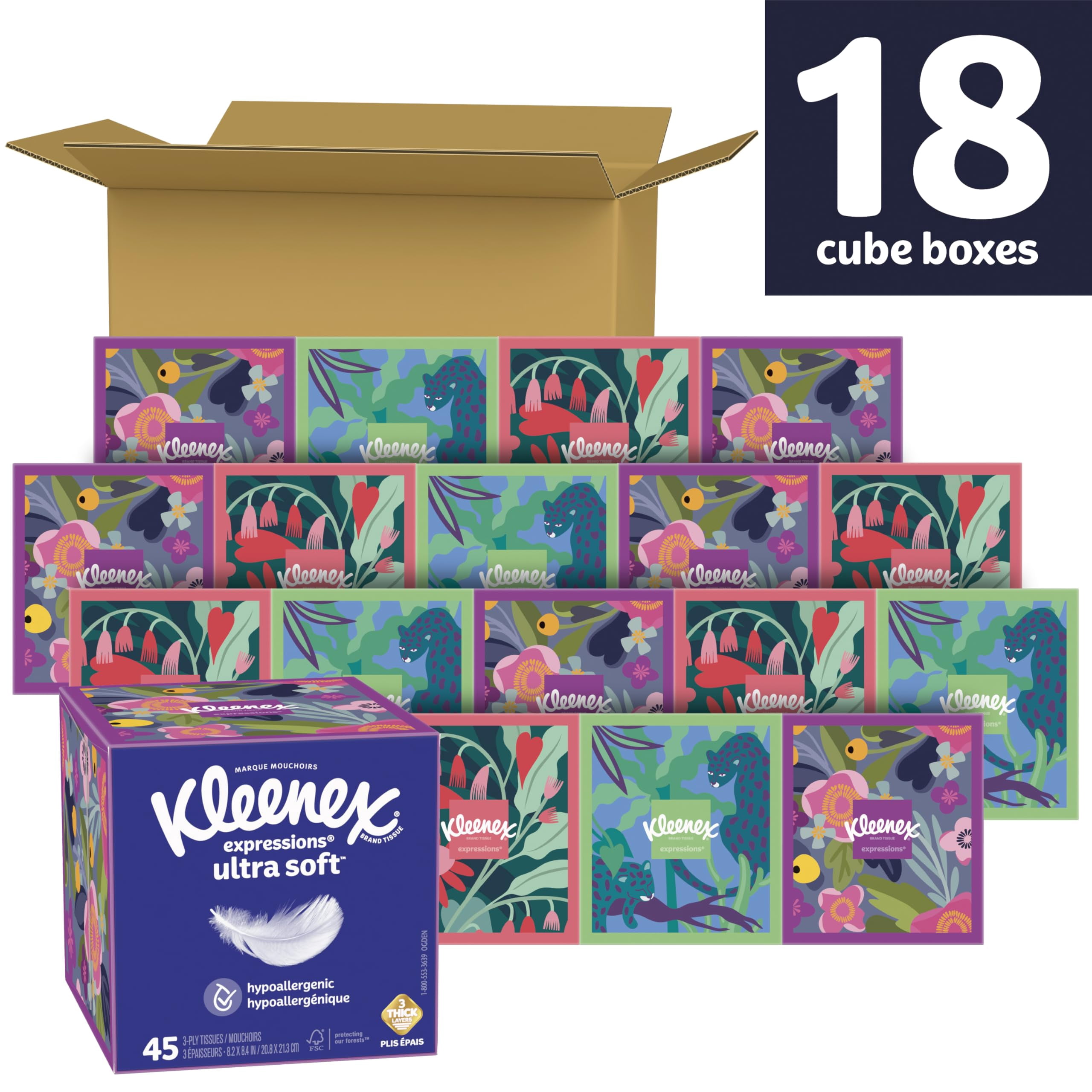 Kleenex, Expressions Ultra Soft Facial Tissues, 18 Cube Boxes, 3