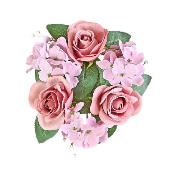 Bcylexb 10.6" Rose Hydrangea Candle Wreath, Floral Table Decor for Wedding Ambiance, Artificial Rose Flower Ring and Simulated Candle Garland Centerpiece, Pink