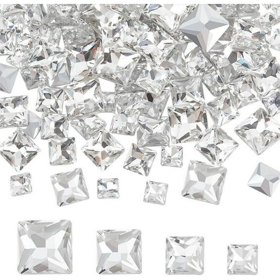 110 Pcs Mini Clear Pointed Back Rhinestone 8/10/12/14mm Square Faceted Glass Rhinestones No Hole Clear Glass Gems Crystal Jewelry Embellishments with Plated Back for DIY 1 Box