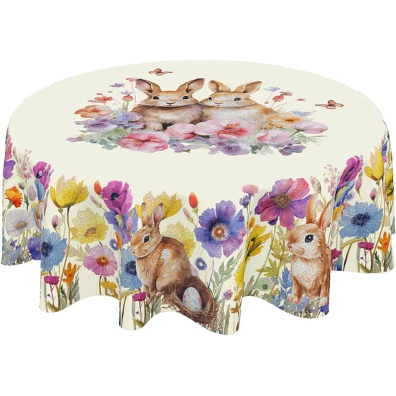 Easter Tablecloth Round 60 Inch Spring Flower Table Cloth Washable Easter Bunny Floral Printed Table Cover for Kitchen Dining Holiday Party Picnic Indoor Outdoor Home Decor