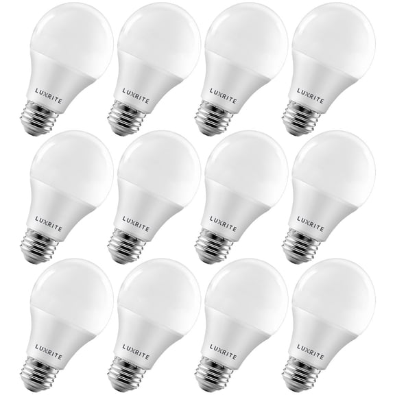 Luxrite A19 LED Dimmable Light Bulb 9W (60W Equivalent) 3000K Warm White, 800 Lumens, E26, 12 Pack