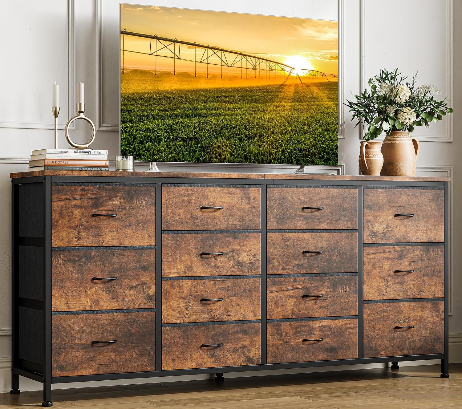 M optimized 63" Dresser for Bedroom, TV Stand for 65 70 75 inch TVs, 14 Drawer Dresser with Power Outlets, Large Long Fabric Dresser Entertainment Center