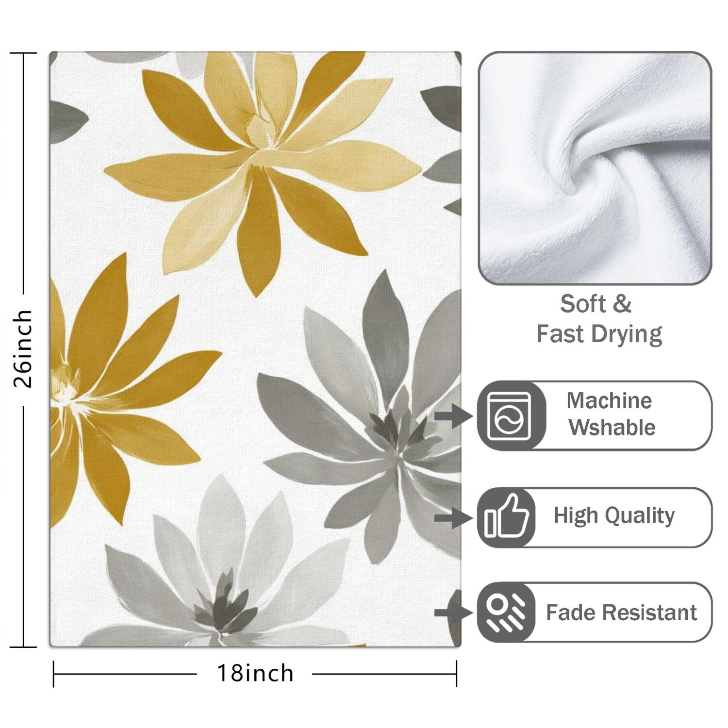 2 Pcs Funny Kitchen Towels,Gold and Gray Flowers Microfiber Dish Towels,Kitchen Tea Towels,Kitchen Towel Set (18" X 26")
