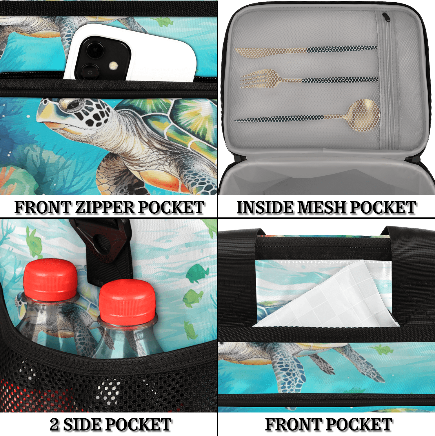 Herdesigns Sea Turtles Insulated Large Lunch Bag Lunchbox Reusable Leakproof Cooler Bags with Shoulder Strap for Adult Men Women Work Picnic