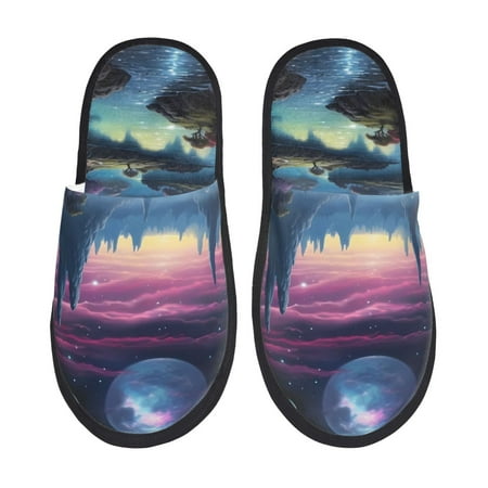 Balery Fantasy Landscape Starry Night Slient Indoor Furry Fleece Comfort House Shoes Soft Non-Slip Home Shoes Cotton slippers House Slippers-- Large