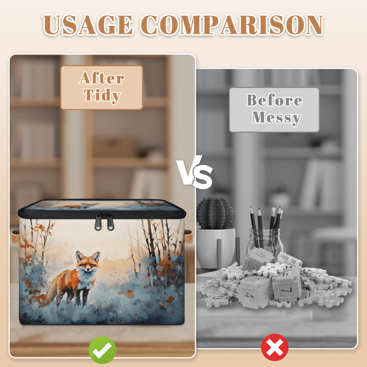 CURLYOOT Watercolor Fox Storage Bin with Zipper Lid, Fabric Decorative Lidded Storage Baskets Boxes, Foldable Organizer Container Basket for Bedroom Closet Shelf