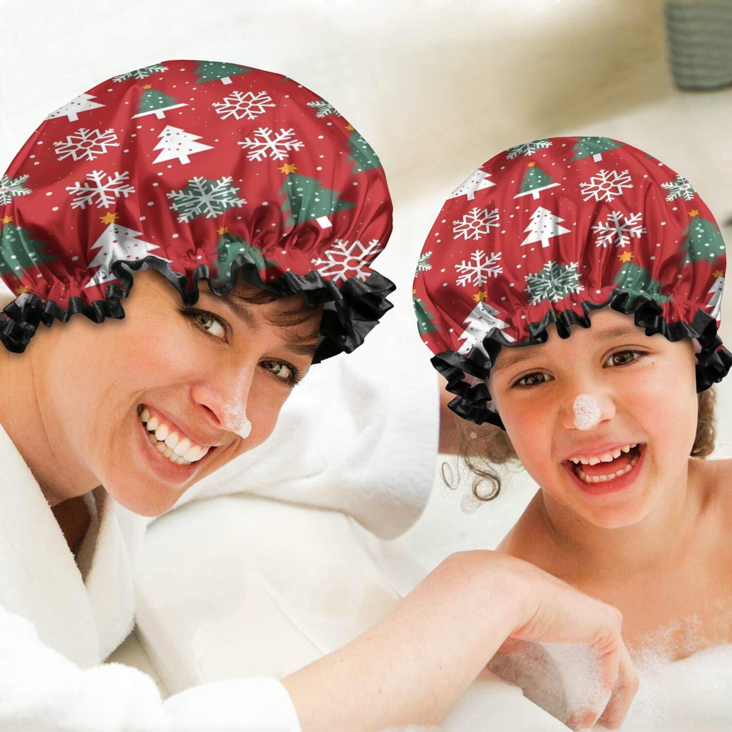 Shower Caps,Red Christmas Tree and Snowflake Pattern Waterproof Shower Cap for Women 4 Pieces,Double Reusable Hair Cover for Shower PEVA Elastic Stretch Hem