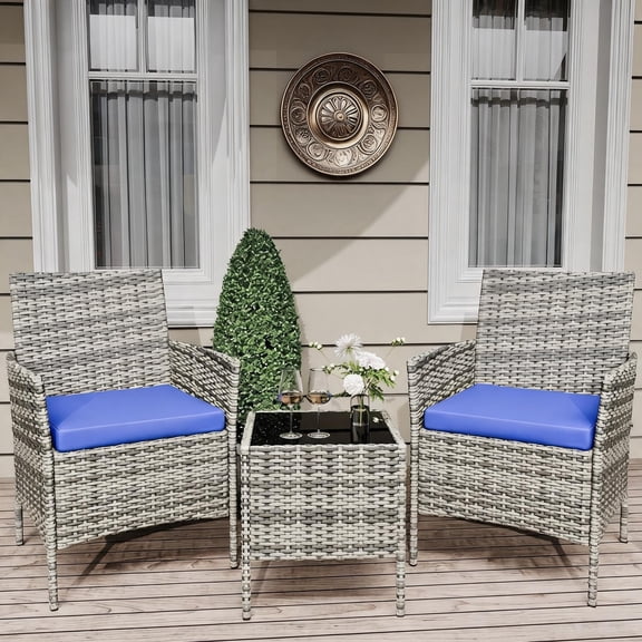 3 Pieces Patio Furniture Set, Outdoor Conversation Set with 2 Chairs and Glass Top Side Table, Modern Bistro Set for Porch Balcony Backyard Garden Small Spaces