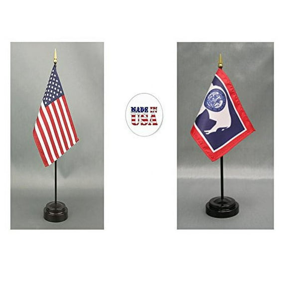 Made in The USA. 1 American and 1 Wyoming 4"x6" Miniature Desk & Table Flag, Includes 2 Flag Stands & 2 Small Mini Stick Flags