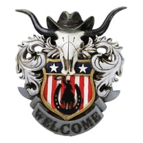 Rustic Western Patriotic Longhorn Cow Skull Cowboy Hat Welcome Wall Decor Plaque