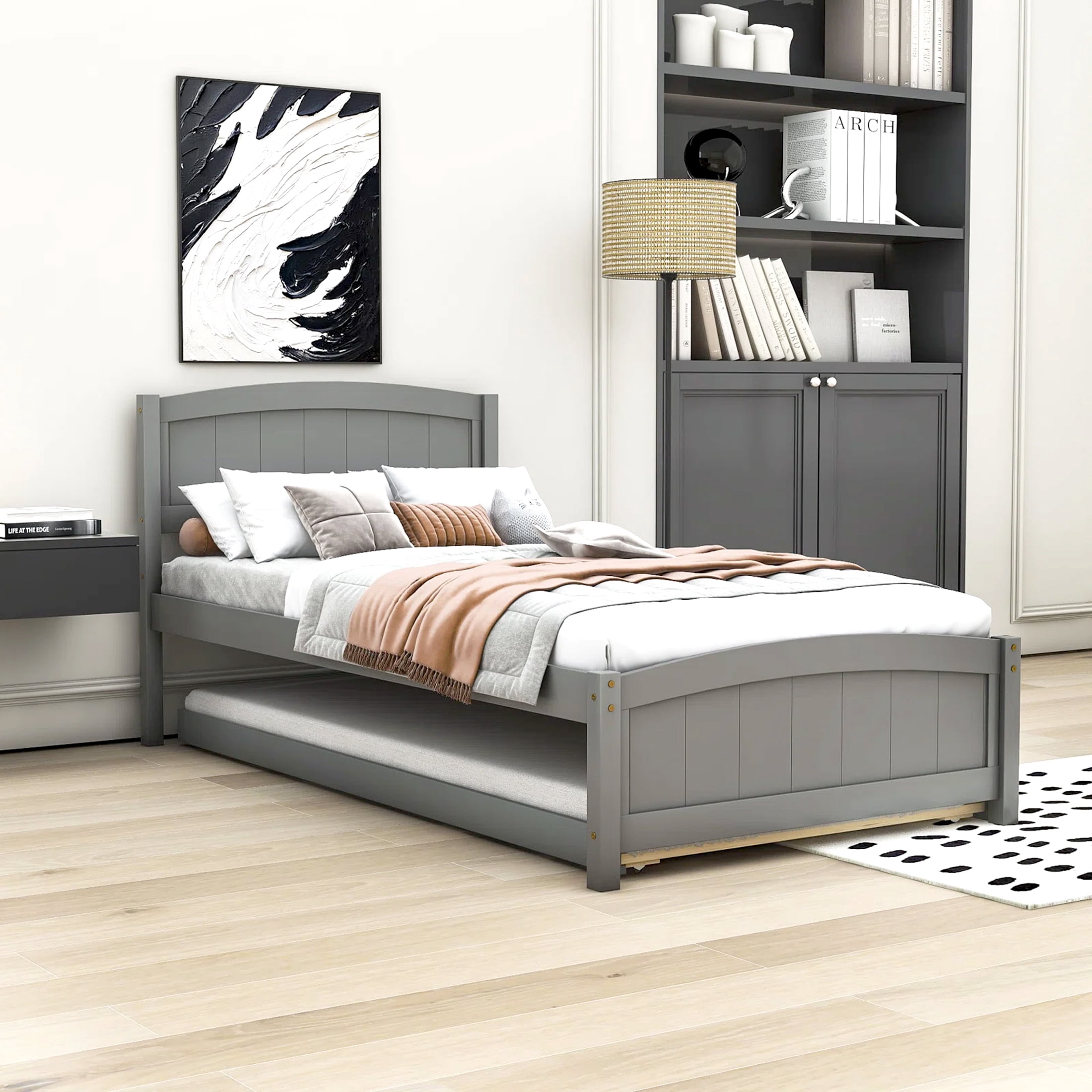 Aukfa Platform Bed with Trundle - Solid Wood Twin Size Bed Frame - Gray