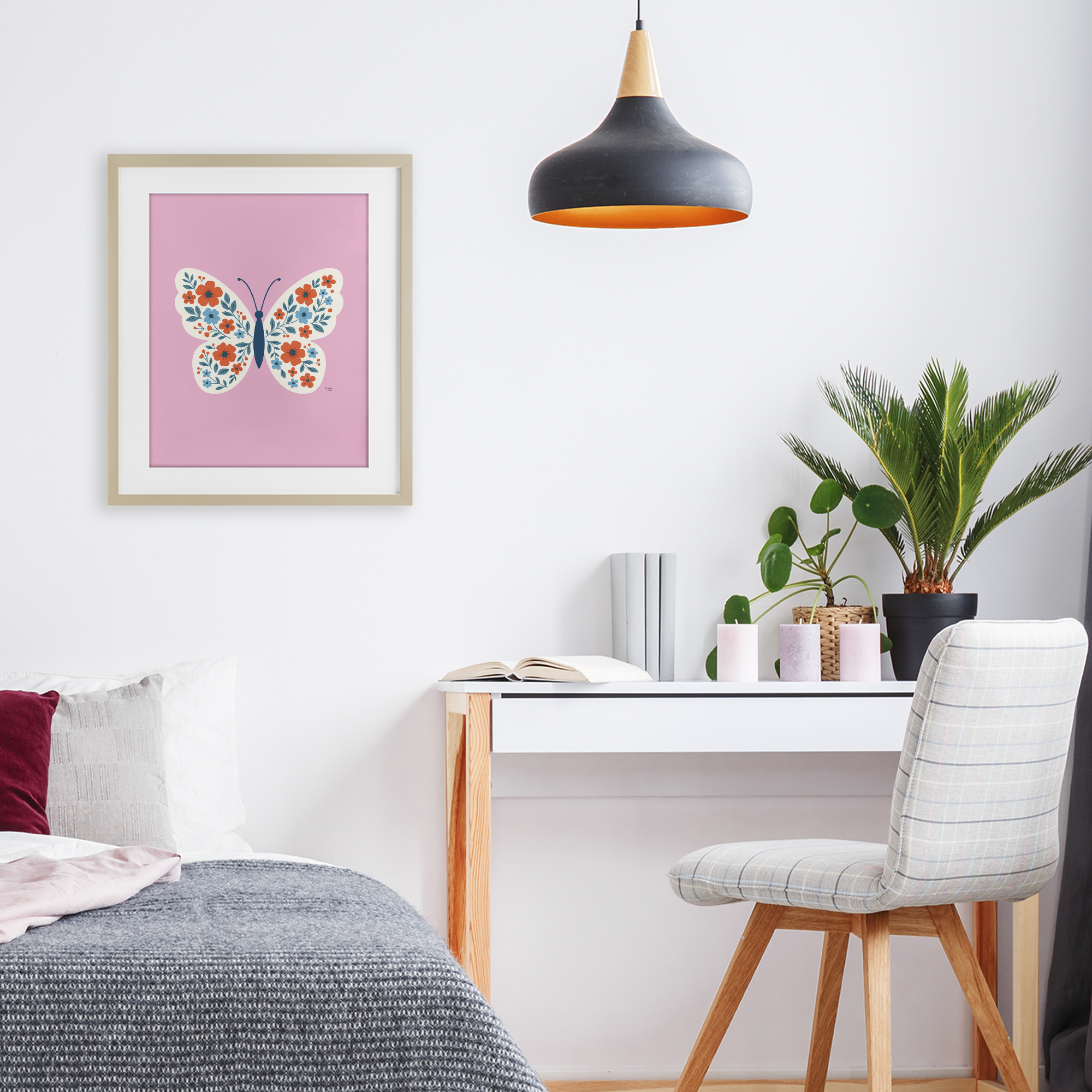 Boho Pink Floral Butterfly Birch Framed Print Under Glass, design by Jessica Beck