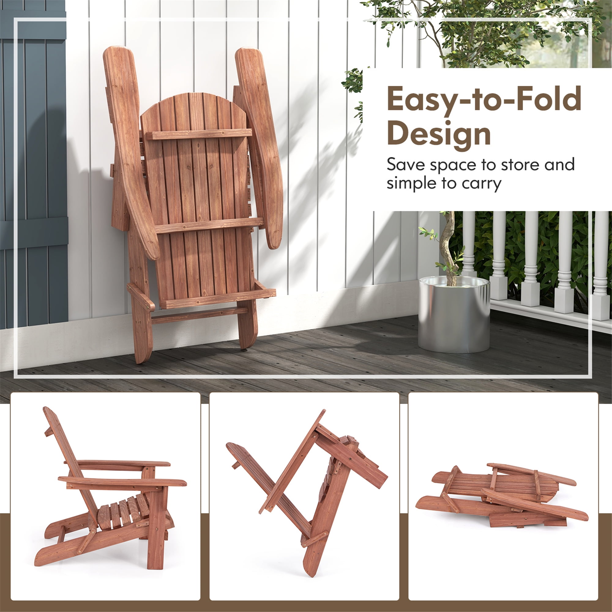 Gymax Folding Adirondack Chair Set of 2 w/ High Backrest & Wide Armrests Wooden Brown