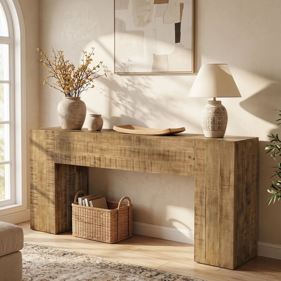 Finmind 63-Inch Farmhouse Solid Wood Console Table, Sofa Table Behind Couch for Entryway, Living Room, Hallway, Foyer, Easy Assembly, Pine Wood, Rustic Brown