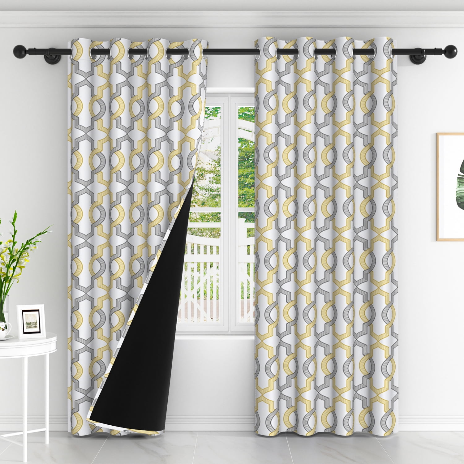 Lfeey Blackout Curtains for Bedroom, Plaid Yellow Gray Geometric Pattern Curtains with Top Grommets, 52"x84", 2 Panels