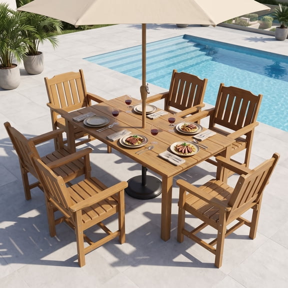 Innovaze 7-Piece Outdoor Patio Dining Set, All Weather-Resistant HIPS Dining Chairs and Table with 1.7" Umbrella Hole for Backyard, Deck, Garden, Teak Tone