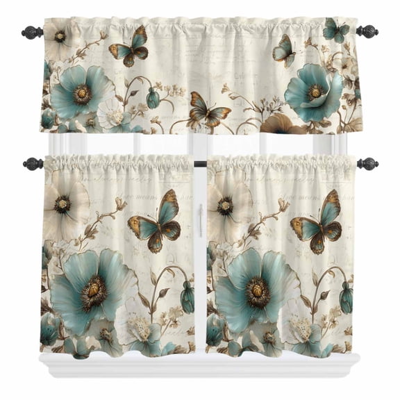 3 Piece Kitchen Curtains and Valances Set Vintage Flowers Cafe Curtains 36 Inch Length Spring Floral Teal Tulip Butterfly Valance & Tier Curtain for Living Room Bedroom Small Window 54"x18" 27"x36"*2