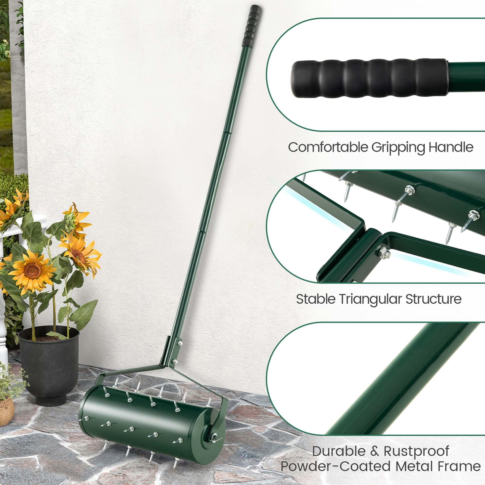 Costway 18" Manual Lawn Aerator Heavy Duty Rolling Push Grass Filled with Sand or Stone Aeration Tool with Handle Green