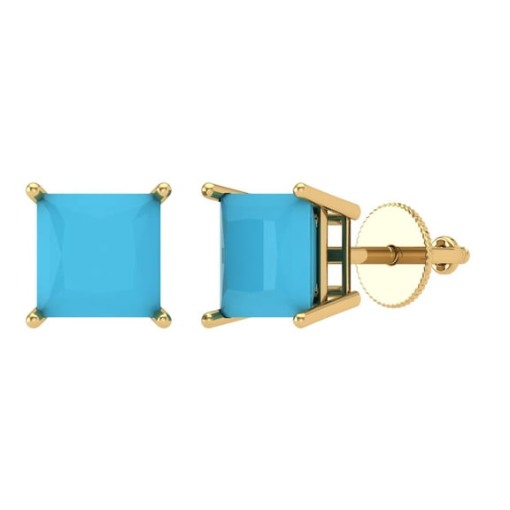2 ct Screw-Back Stud Earrings for Women | 5.5mm Princess Cut Simulated Turquoise | 18K Yellow Gold