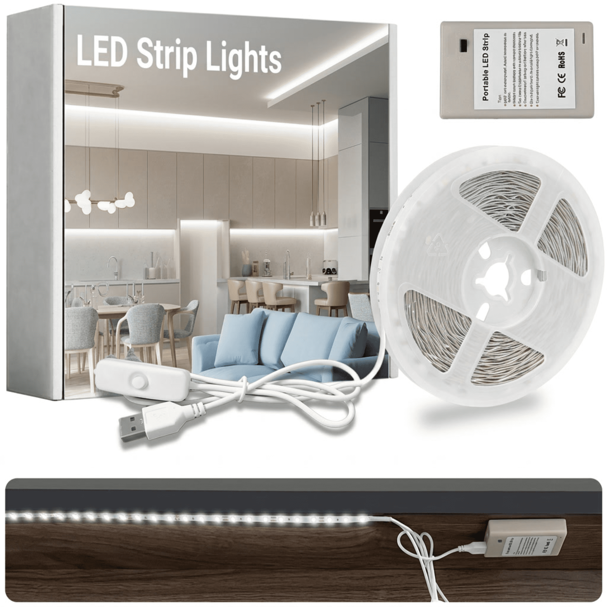 DAYBETTER 2Pack Battery Powered LED Strip Lights, 32.8ft USB White LED Strip Lights, Cuttable, for Bedroom, Dormitory, Tent, TV, Under Cabinet