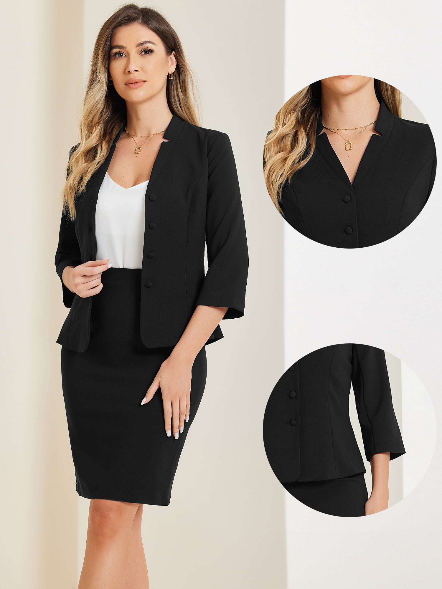 DARING DIVA 2Pcs Women's Notched Collar Business Pencil Skirt Suit Set L Black