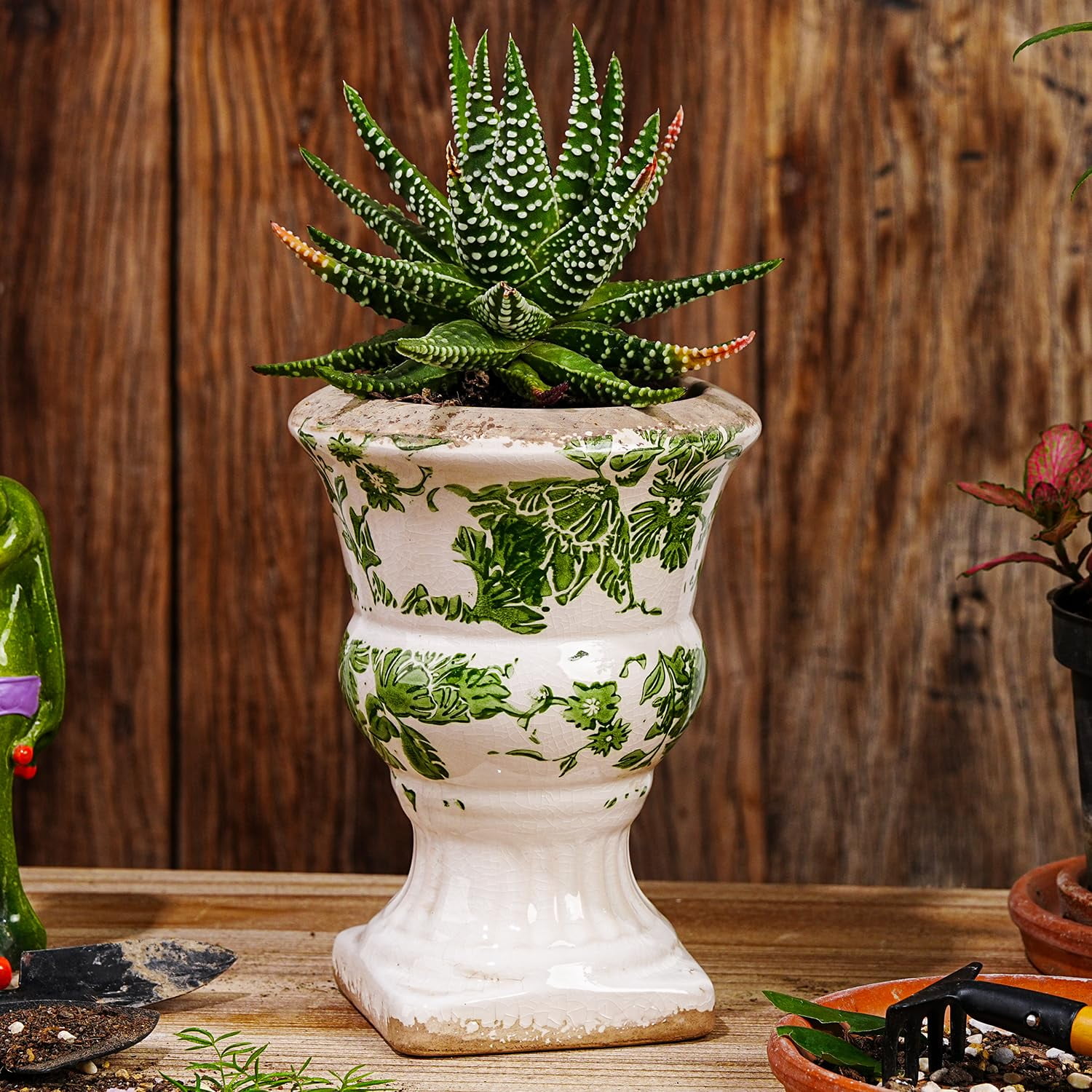 Sungmor Small Ceramic Urn Planter - Green Scroll Floral Pedestal Flower Pot, Decorative Vintage Chinoiserie Style Planters, Tuscan Accent Vase Indoor Outdoor Plant Holder with Drainage