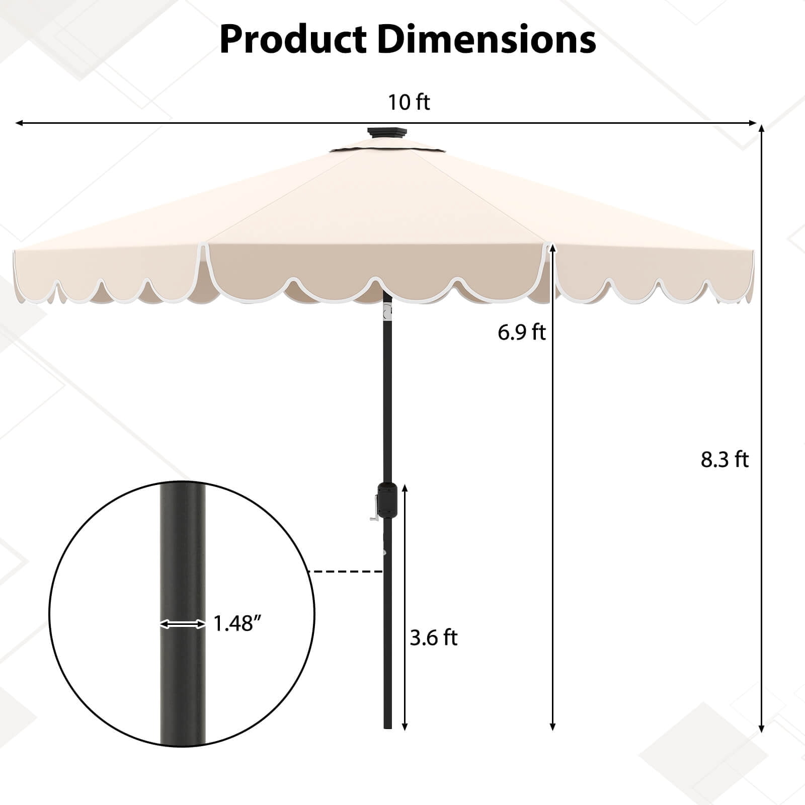 Costway 10 FT Solar Patio Umbrella with 24 LED Lights 8 Ribs & Tilt Adjustment Beige
