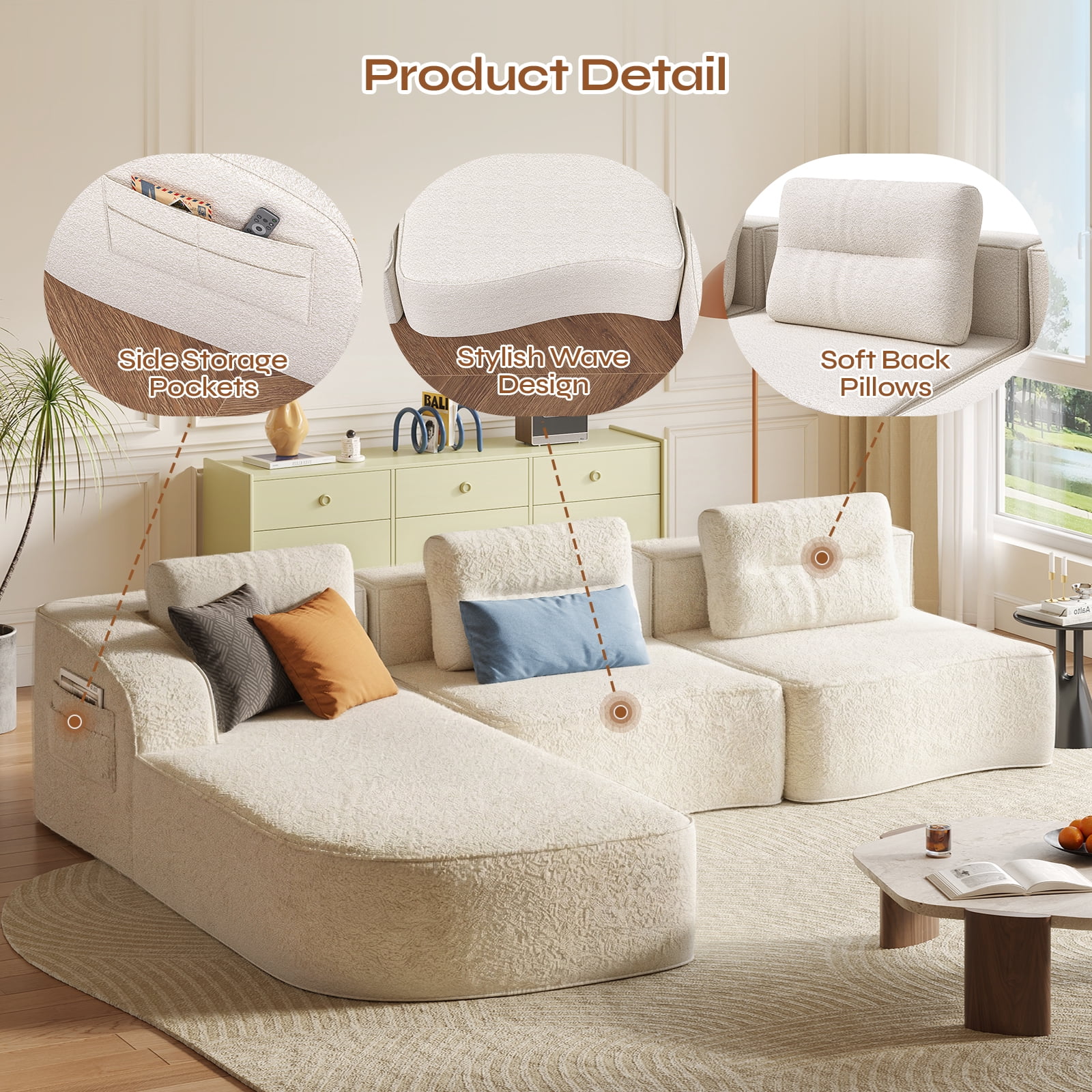 Pinmoco 111.8" Cloud Sectional Couch for Living Room, L-Shaped Modern Modular Couch with Deep Seat and Side Pockets, Upholstered Couches Boneless Sofa, No Assembly Required, Off White