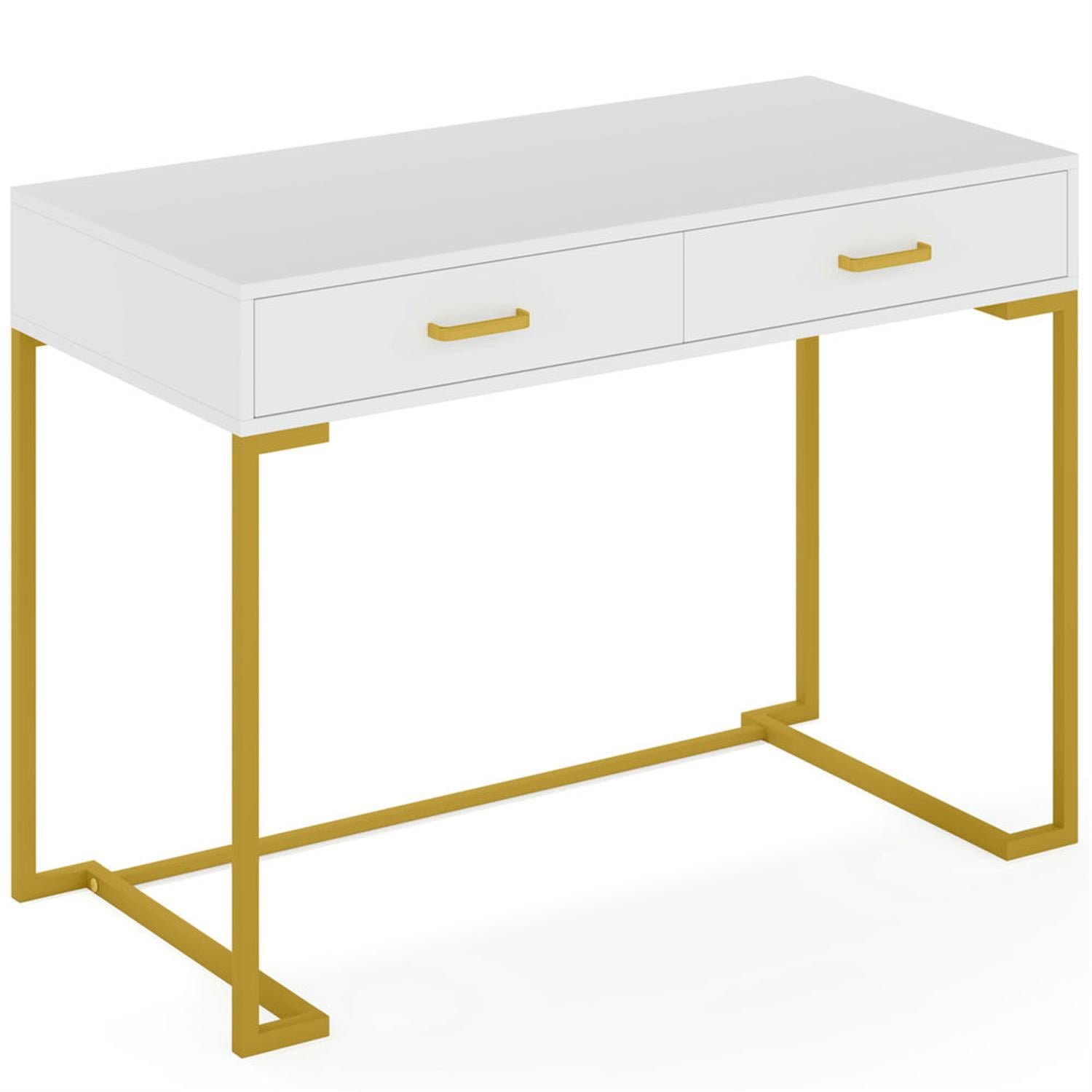 Demi Bonn 39" Computer Desk with 2 Storage Drawers, Modern Study Writing Gaming Table for Home Office, Makeup Vanity Desk, White & Gold