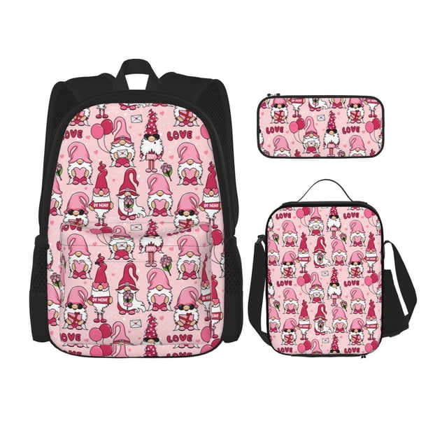 Easygdp Garden Gnomes Mochila para Niños y Niñas con Set de Caja de Almuerzo y Estuche para Lápices 3 en 1, Mochila Escolar Estampada para Adolescentes