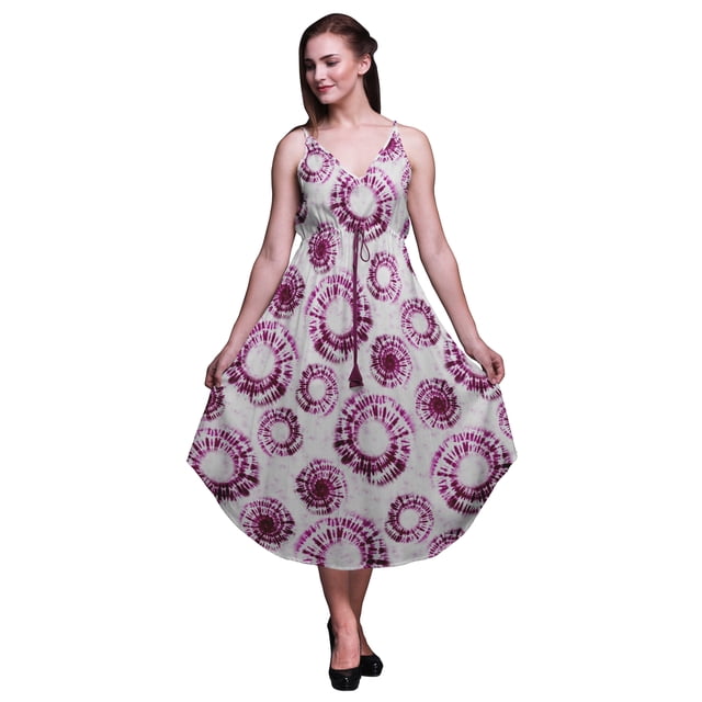 Bimba Robe Midi Bohème Sans Manches Imprimée Teinture sur Nœuds pour Femmes - Moyen