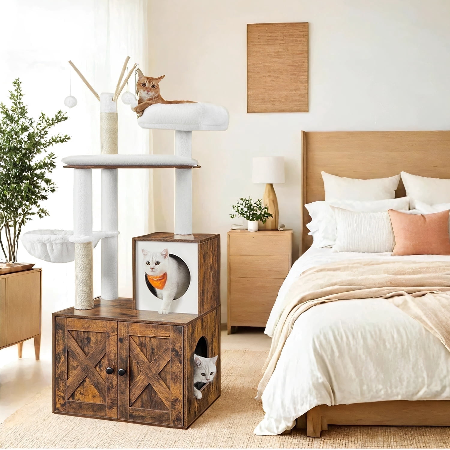 LEDREM 2-in-1 Cat Tree with Litter Box Enclosure - 55.1" Modern Cat Tower, Scratching Posts, Space-Saving Design, Rustic Brown